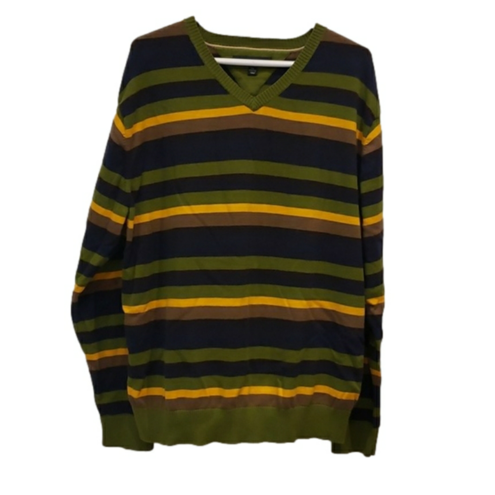 Tommy Hilfiger Men's Horizontal Stripped V-Neck Pullover Sweater XXL Green